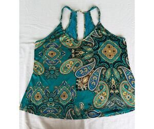 Western Boho Festival In Bloom by Jonquil Teal Paisley Lace Racerback Tank Top L